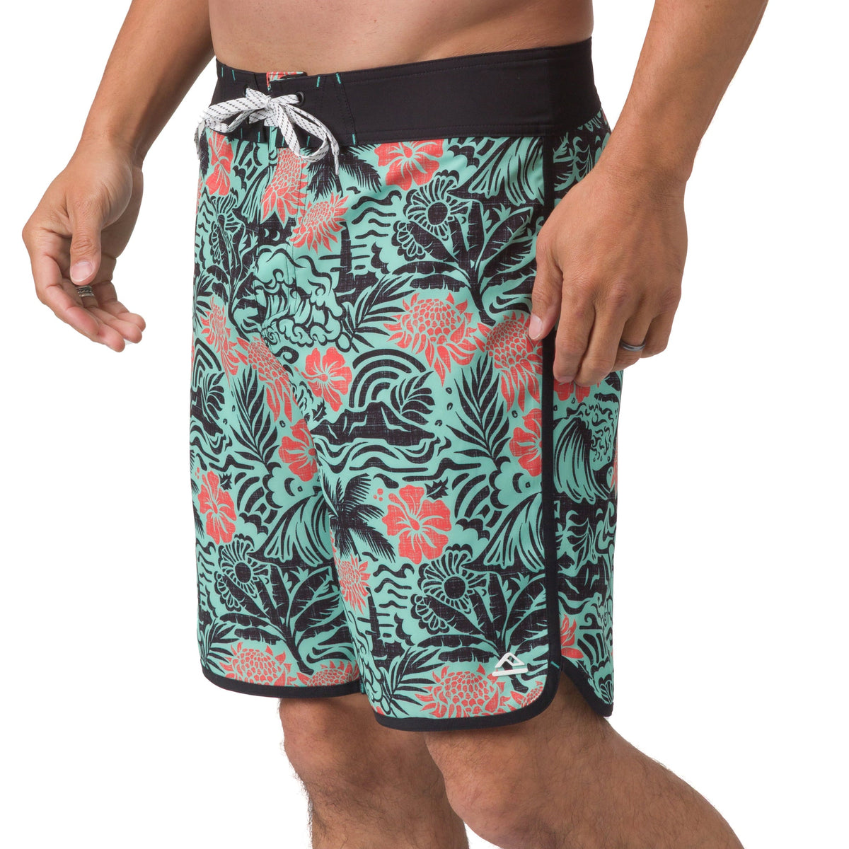 Front view of men's Fayder Boardshort in teal with coral floral print and black waistband, beach-inspired comfort design.
