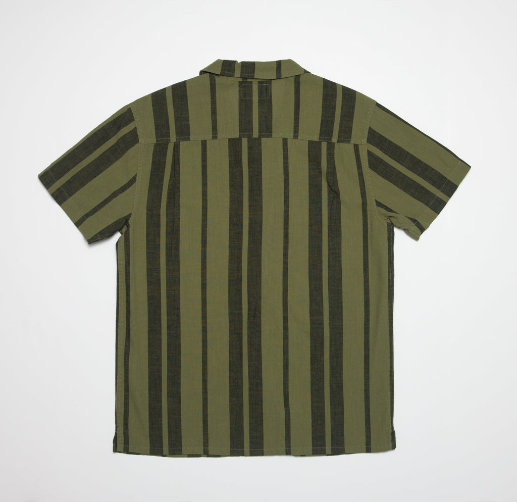 Angelo Short Sleeve Camp Shirt in olive green with dark vertical stripes, shown from the back, beach-inspired comfortable apparel.