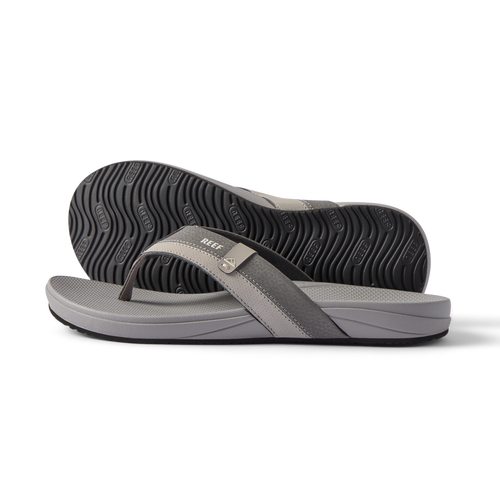Pair of grey Cushion Phantom 2.0 men's sandals, side and bottom views, featuring extra cushion and arch support.