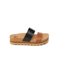 Cushion Vista Hi sandal facing left, beach-inspired with black and brown straps, cork footbed, and soft cushioning.