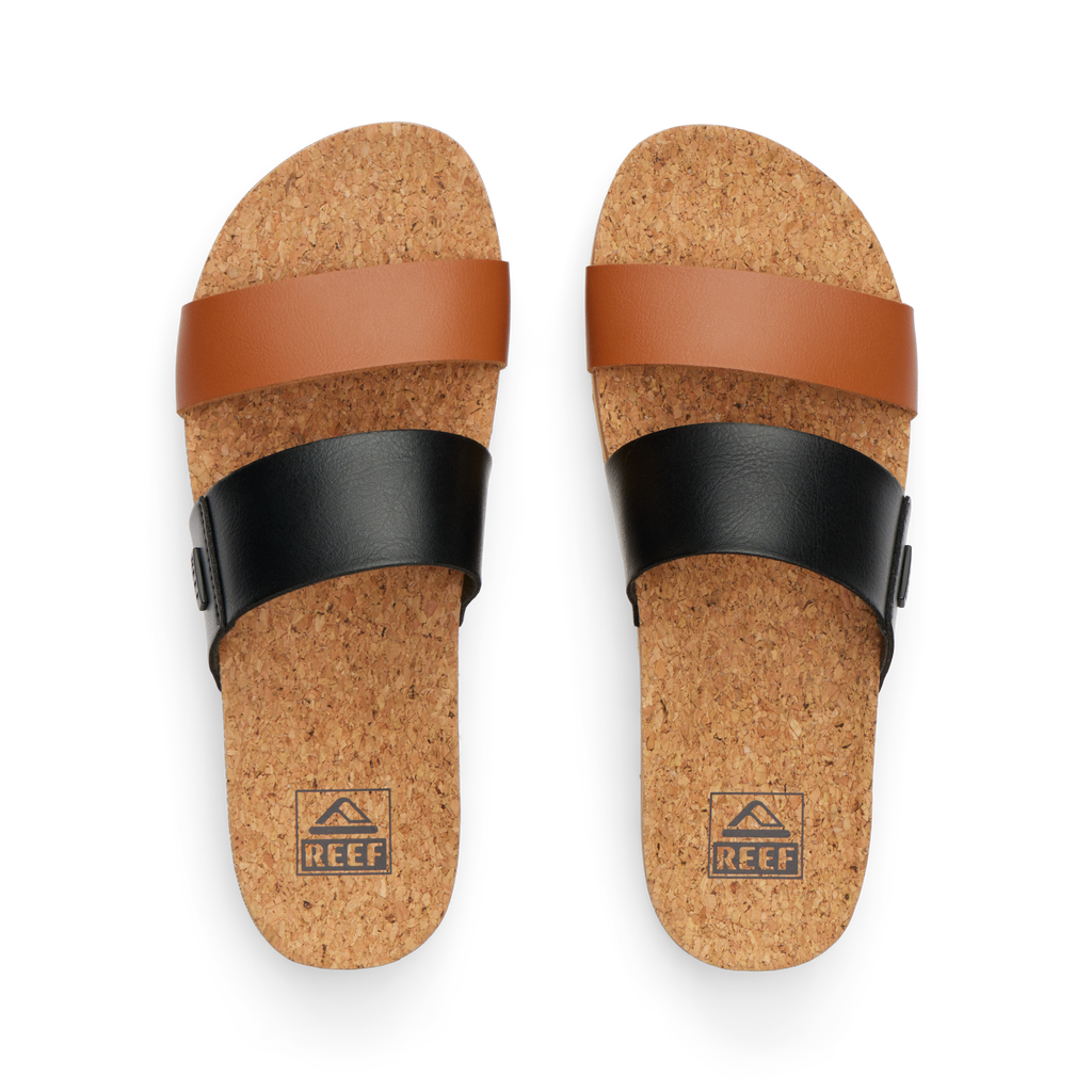 Cushion Vista Hi women's sandals top view showing cork footbeds with black and tan straps, designed for beach comfort.