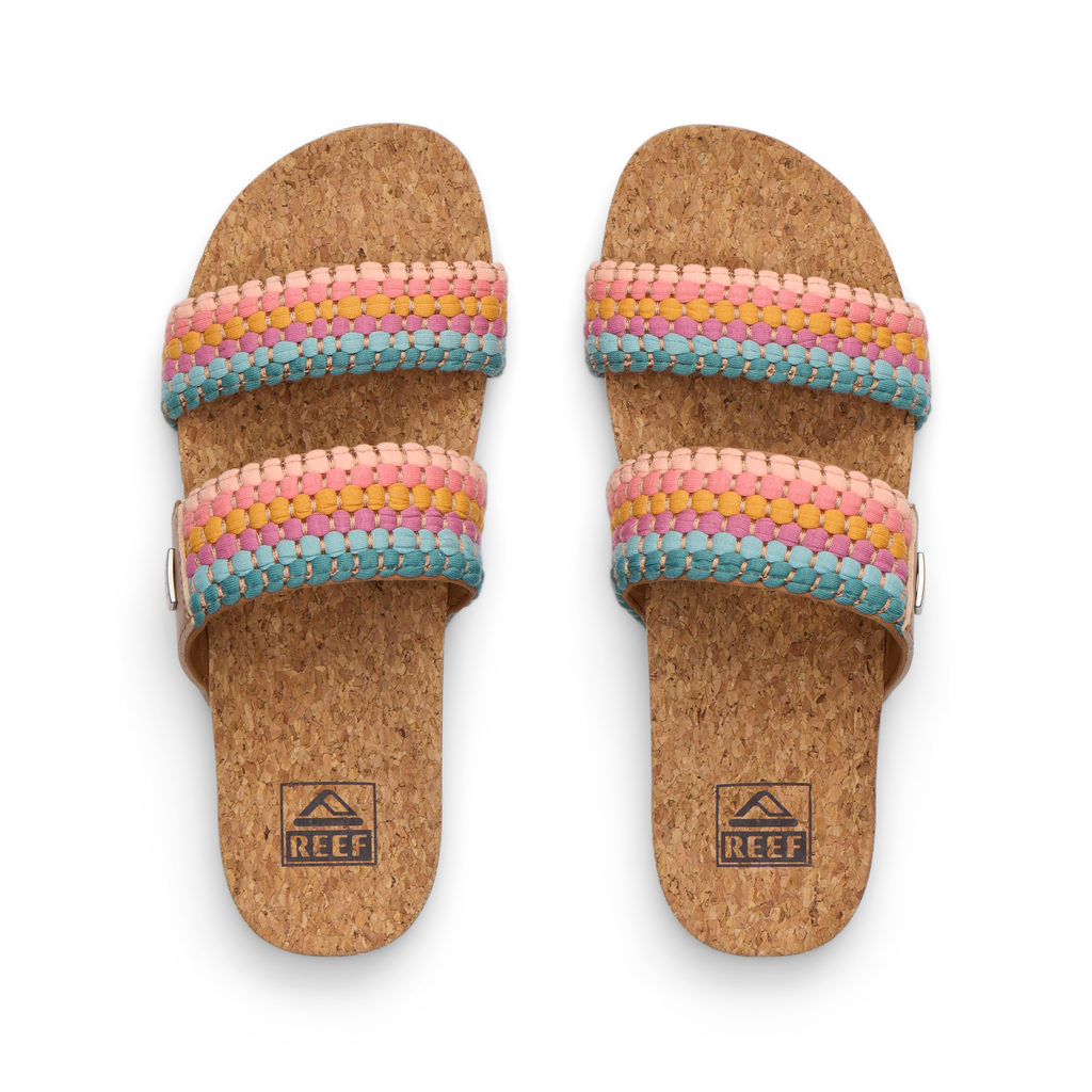 Top view of women's Cushion Vista sandals with multicolor woven straps and cork footbeds facing up, beach-inspired comfort.
