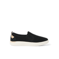 Neptune Elyse women's black metallic slip-on sneaker facing left with cushioned arch support for beach comfort.