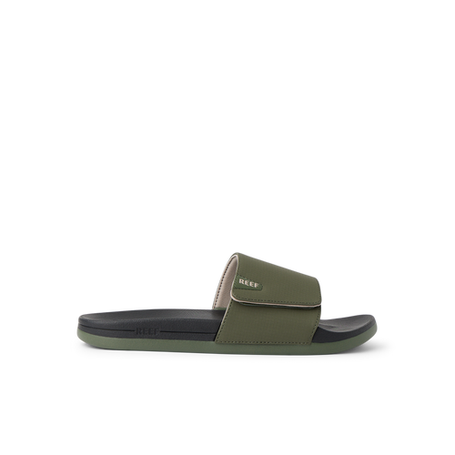 Side view of Cshn Phantom Slide in olive green with cushioned footbed and ergonomic arch support for beach comfort