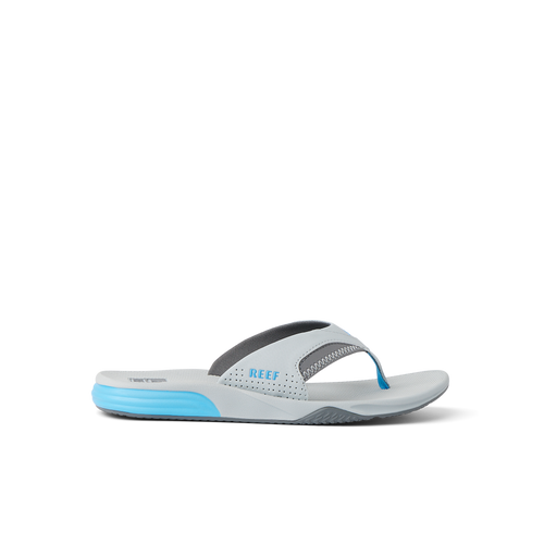 Side view of right-facing Cushion Fanning sandal with blue and gray surf-inspired design and extra cushioning for comfort
