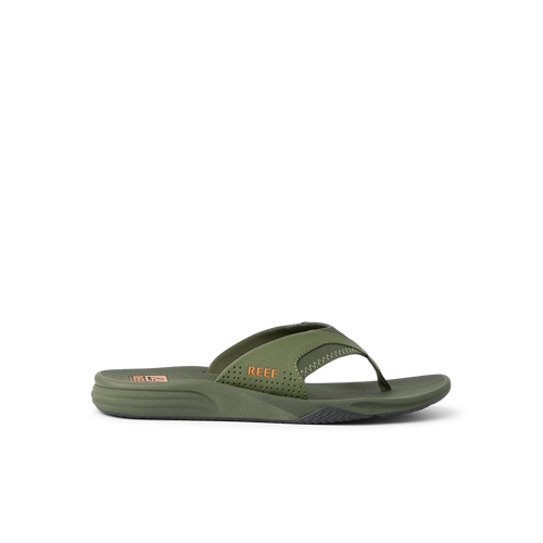Side view of green Cushion Fanning flip flop sandal with anatomical arch support and soft cushioning for beach comfort