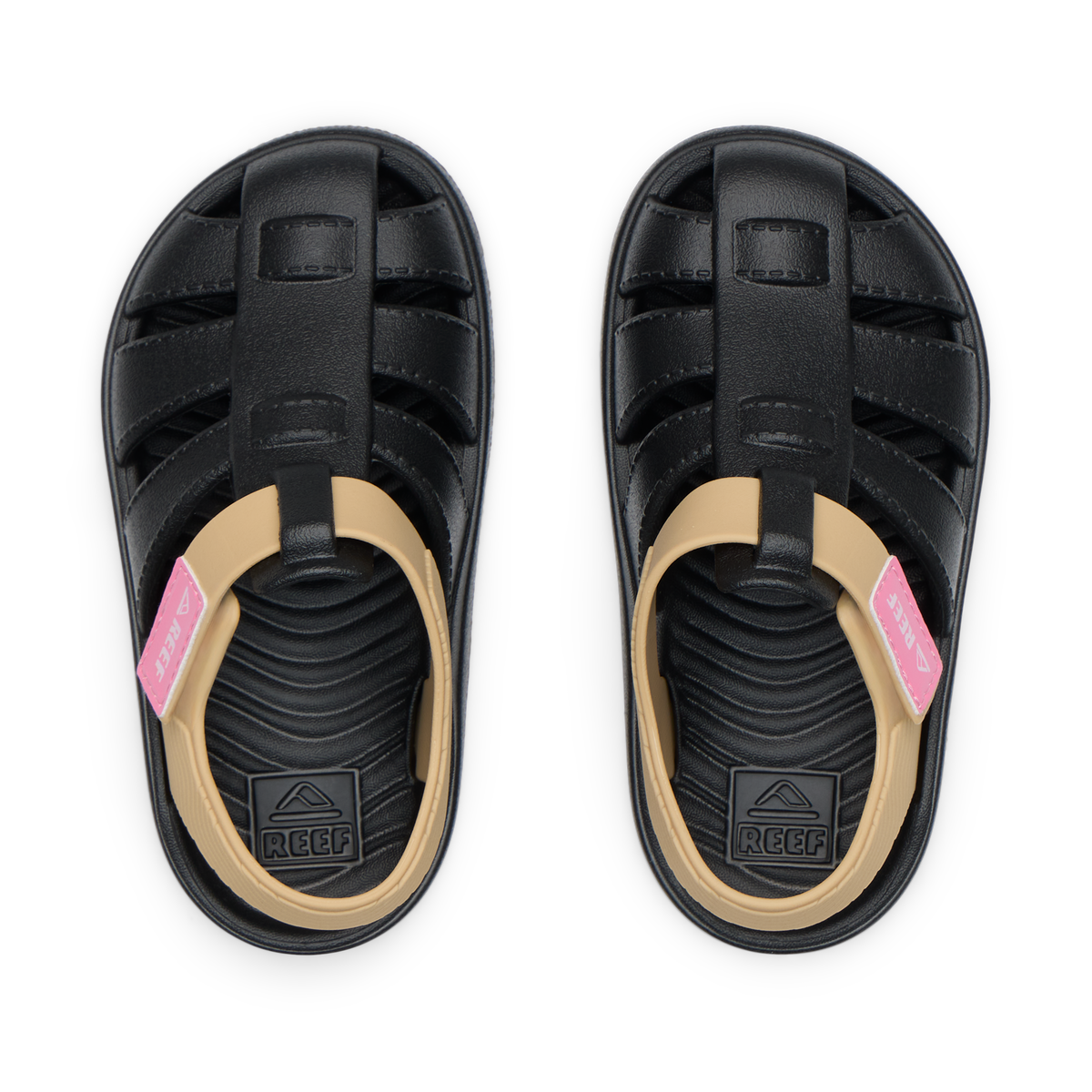 Top view of Little Totally Beachin black and tan girls' sandals with anatomical arch support and soft cushioning.