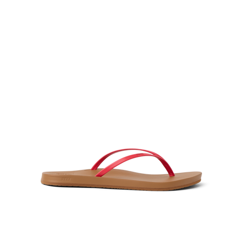 Cushion Slim women's sandal facing right, red straps on tan sole, water-friendly with anatomical arch support.