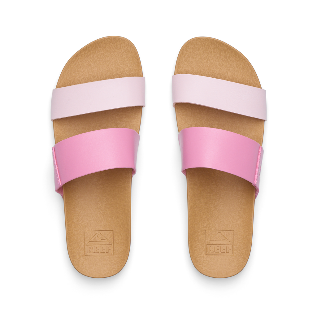 Top view of Cushion Vista women's sandals in cashmere rose with dual pink straps and cushioned footbed for beach comfort.