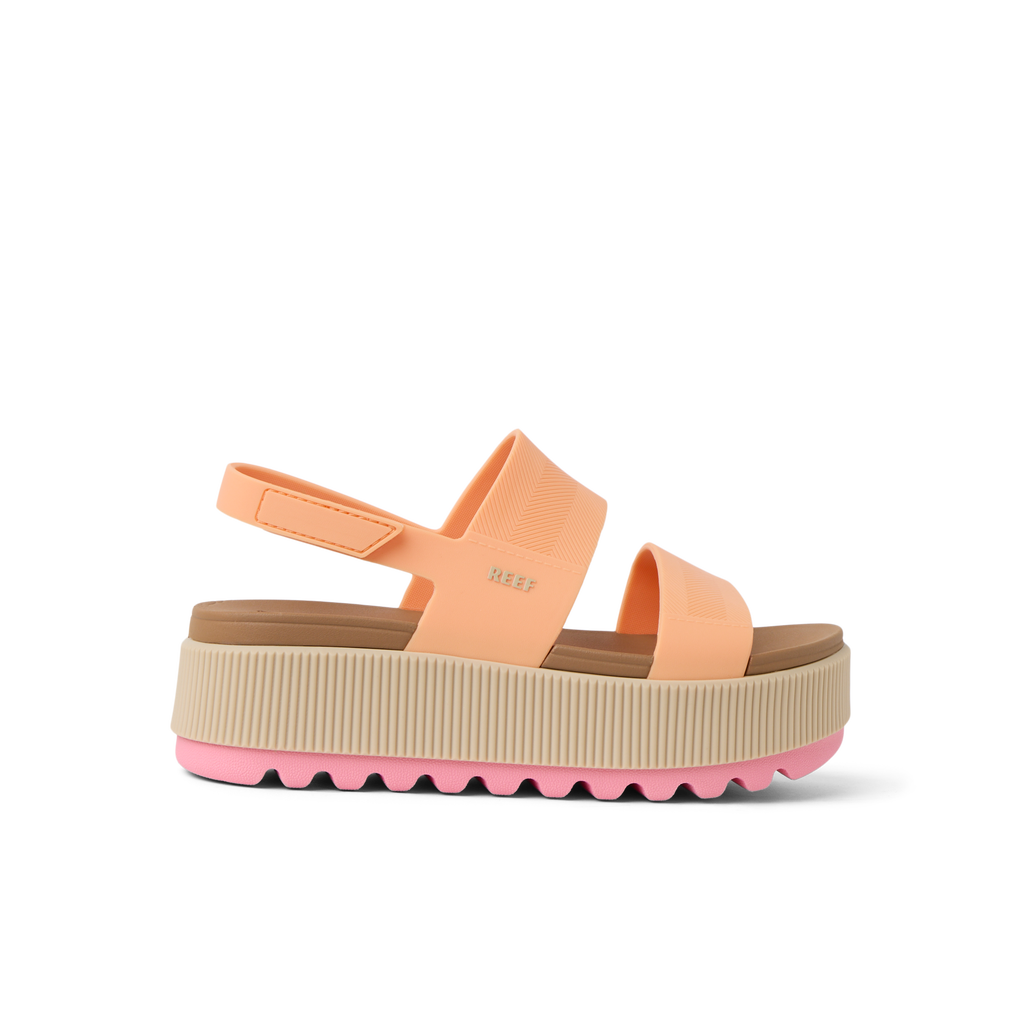 Side view of Water Vista Higher women's sandal in orange chiffon with platform sole and arch support for beach comfort