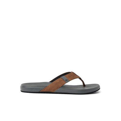 Side view of Cushion Phantom sandal with brown straps and gray cushioned sole for beach and everyday comfort