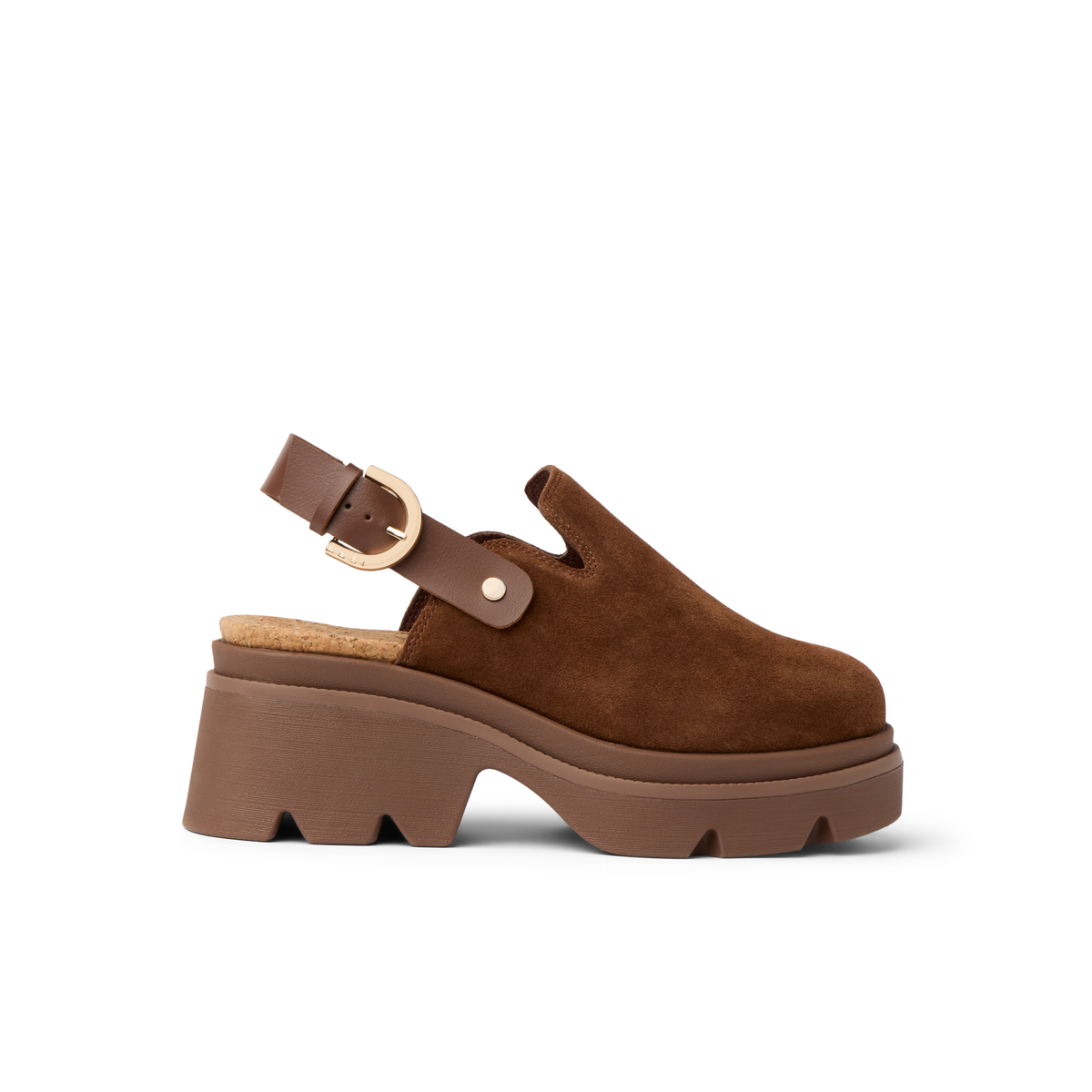 Vista Luxe Solene women's brown suede platform clog facing left, showing adjustable buckle strap and cushioned sole.