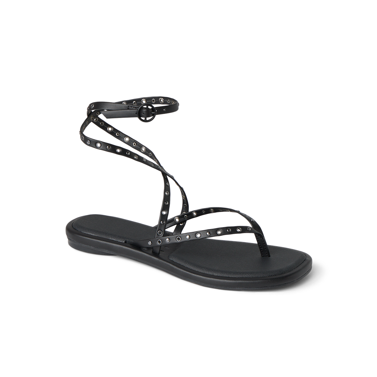 Willow Quinn Studs black strappy sandal facing right, ankle wrap with stud details, lightweight and comfortable design.