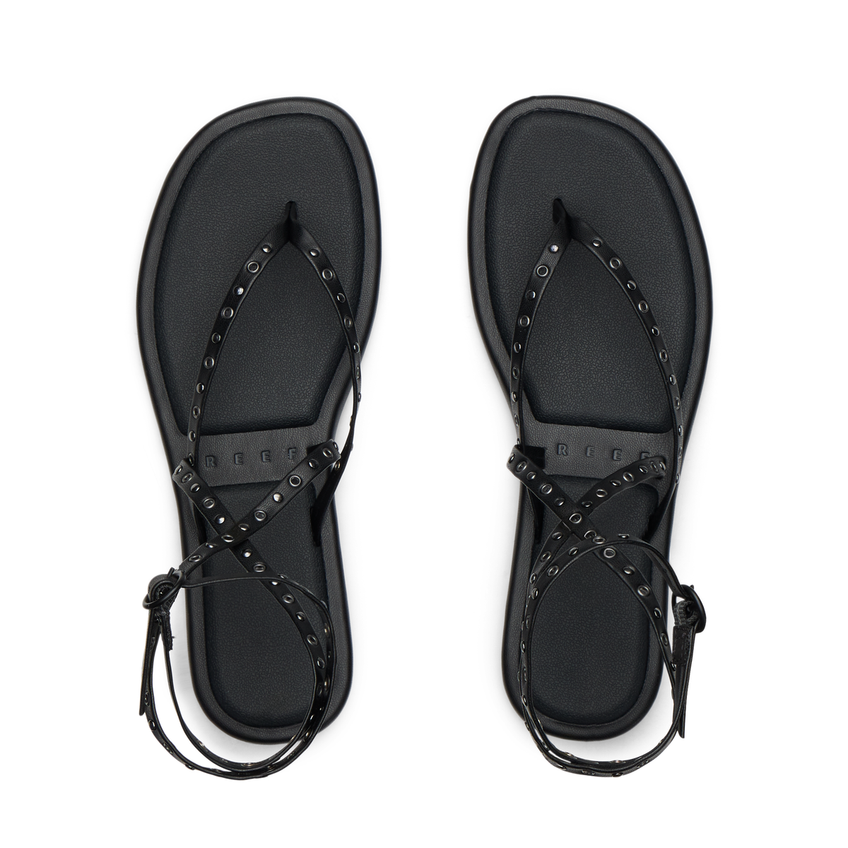 Willow Quinn Studs top view of black studded sandals facing up, lightweight and water-friendly for beach comfort