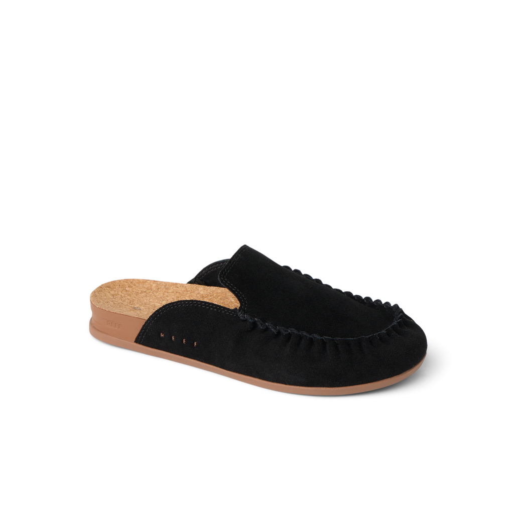 Vista Myra facing right, women's black suede slip-on clog with anatomical arch support and soft cork footbed comfort
