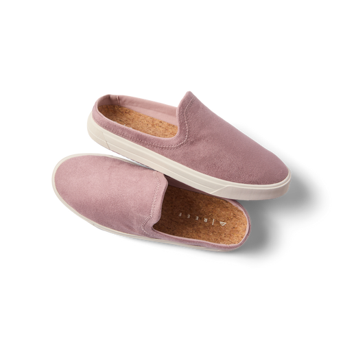 Coastal Breeze women's slip-on shoes in pale mauve facing right, close-up of soft suede upper and cork footbed.