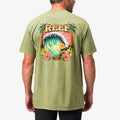 Man wearing the back of olive green Lonnie Tee with colorful surf-inspired REEF wave graphic and floral design
