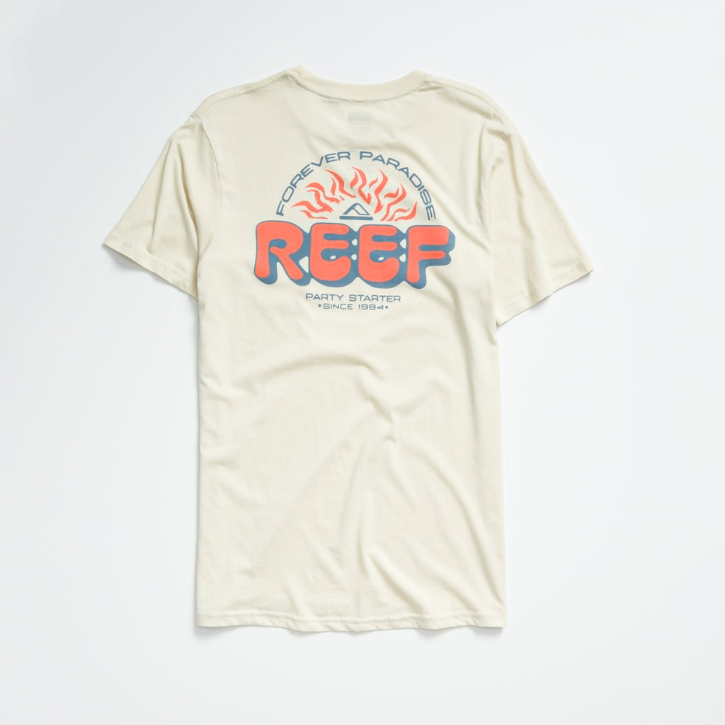 Quinn Tee in almond milk color showing back with REEF logo, sun graphic, and "Forever Paradise" text, men’s apparel.