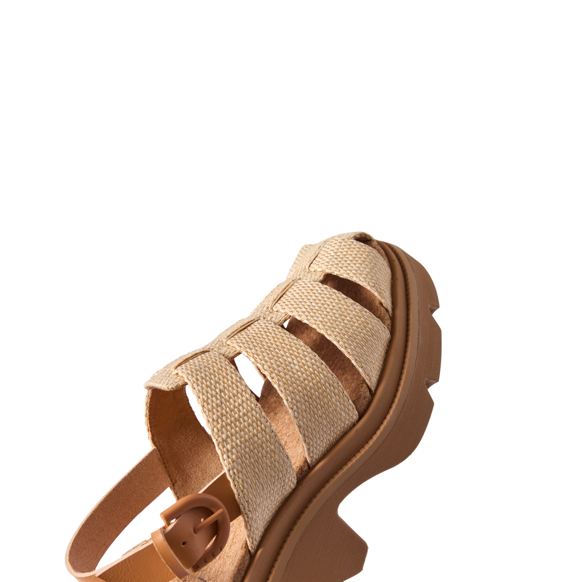 Vista Luxe Lucie facing left, close-up on woven raffia upper and cushioned sole, surf-inspired comfort sandal for women.